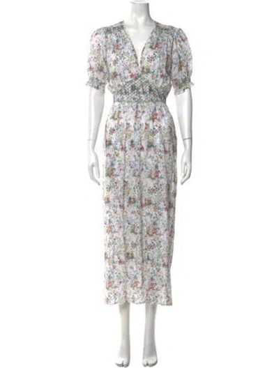 Pre-owned Loretta Caponi Floral Print Long Dress In White