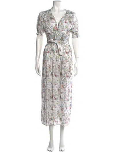 Pre-owned Loretta Caponi Floral Print Long Dress In White