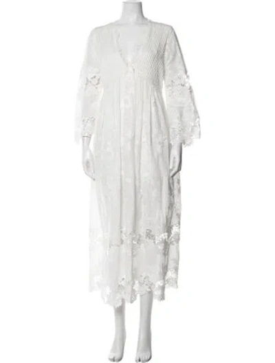 Pre-owned Loretta Caponi Floral Print Long Dress In White
