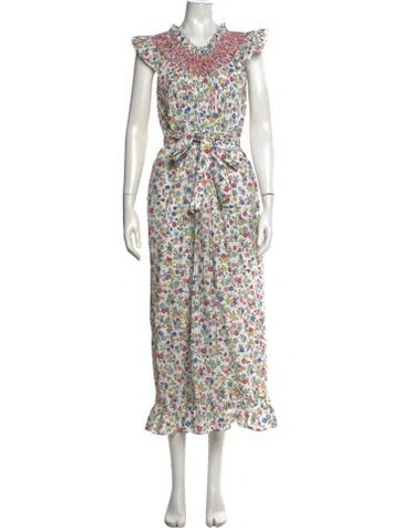 Pre-owned Loretta Caponi Floral Print Long Dress In White
