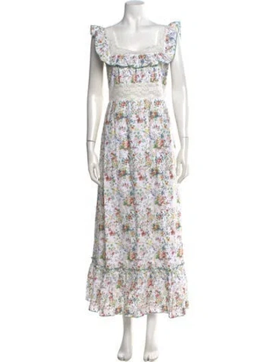 Pre-owned Loretta Caponi Floral Print Long Dress In White