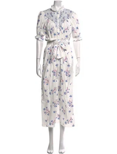 Pre-owned Loretta Caponi Floral Print Long Dress In White