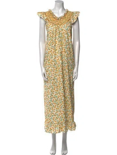 Pre-owned Loretta Caponi Floral Print Long Dress In Yellow