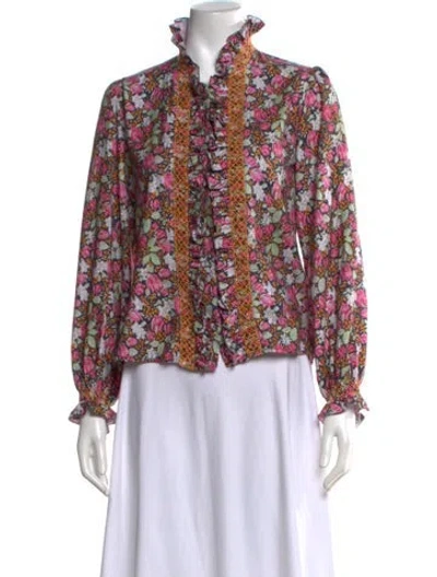 Pre-owned Loretta Caponi Floral Print Long Sleeve Blouse In Black