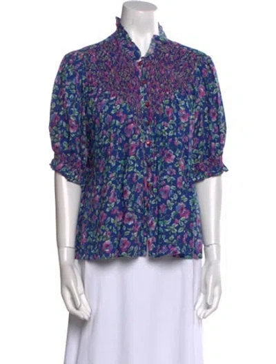 Pre-owned Loretta Caponi Floral Print Mock Neck Blouse In Blue