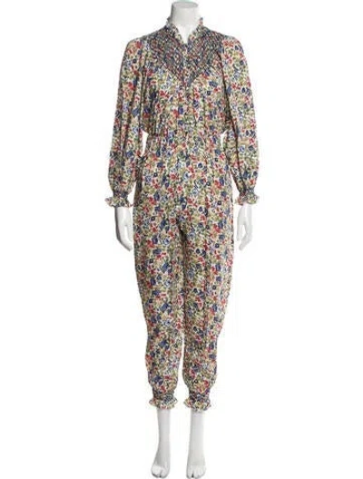 Pre-owned Loretta Caponi Floral Print Mock Neck Jumpsuit In White