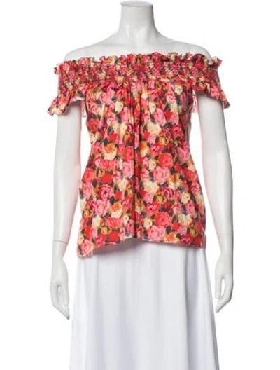 Pre-owned Loretta Caponi Floral Print Off-the-shoulder Blouse In Red