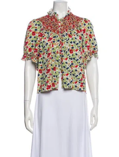 Pre-owned Loretta Caponi Floral Print Short Sleeve Blouse In Blue