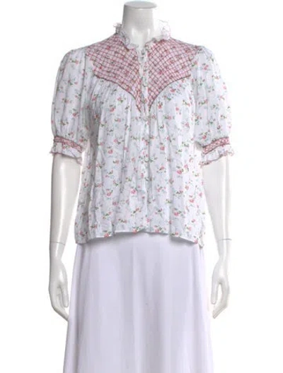 Pre-owned Loretta Caponi Floral Print Short Sleeve Blouse In Blue