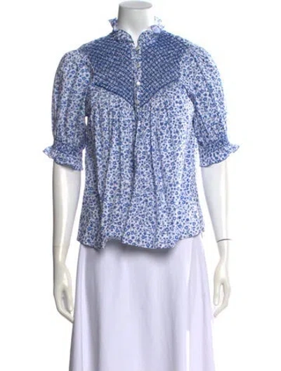 Pre-owned Loretta Caponi Floral Print Short Sleeve Blouse In Blue