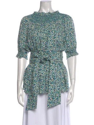 Pre-owned Loretta Caponi Floral Print Short Sleeve Blouse In Green