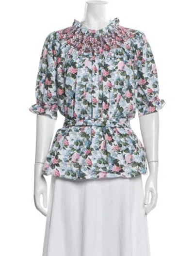 Pre-owned Loretta Caponi Floral Print Short Sleeve Blouse In Grey