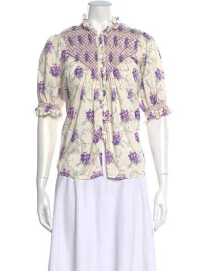 Pre-owned Loretta Caponi Floral Print Short Sleeve Blouse In Neutral