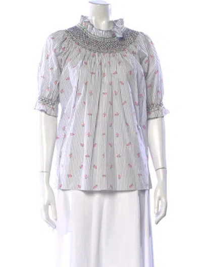 Pre-owned Loretta Caponi Floral Print Short Sleeve Blouse In White