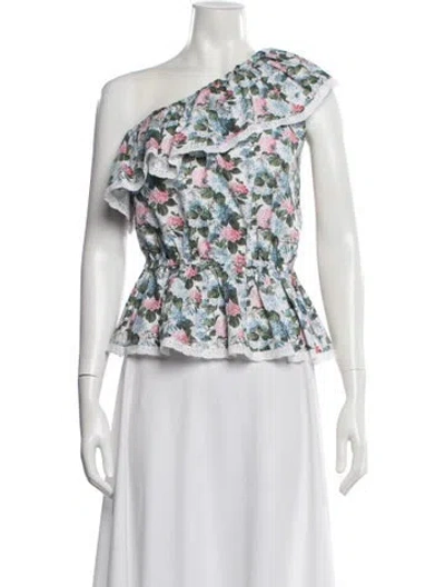 Pre-owned Loretta Caponi Floral Print Square Neckline Blouse In White
