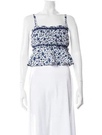 Pre-owned Loretta Caponi Floral Print Square Neckline Crop Top In White