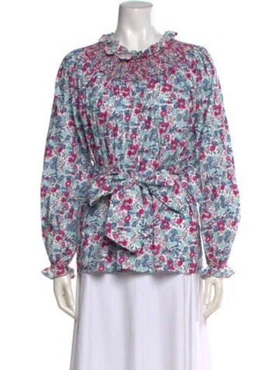 Pre-owned Loretta Caponi Floral Print Tie Neck Blouse In Multicolor
