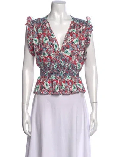 Pre-owned Loretta Caponi Floral Print V-neck Blouse In White