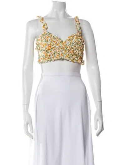 Pre-owned Loretta Caponi Floral Print V-neck Crop Top In White