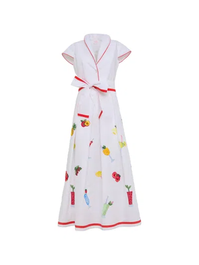 Loretta Caponi Giardino Embroidered Poplin Cotton Midi Shirt Dress In White