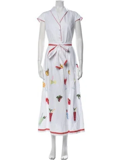Pre-owned Loretta Caponi Graphic Print Long Dress In White
