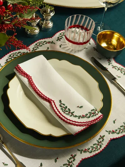 Loretta Caponi Holly Hand-embroidered Linen Napkins (set Of 6)  Abask Gift Set