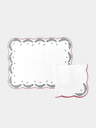 Loretta Caponi Holly Hand-embroidered Linen Placemats And Napkins (set Of 2)  Abask Gift Set In White