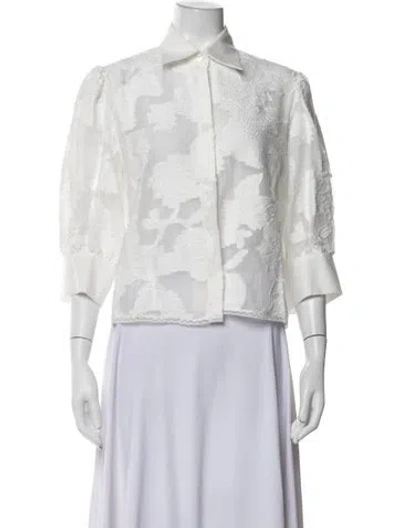 Pre-owned Loretta Caponi Lace Pattern Three-quarter Sleeve Button-up Top In White