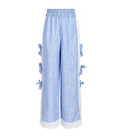 Loretta Caponi Clarissa Bow-embellished Striped Broderie Anglaise-trimmed Linen Straight-leg Pants In Blue