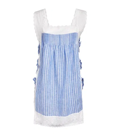 Loretta Caponi Fiocchini Bow-embellished Striped Broderie Anglaise-trimmed Linen Mini Dress In Blue