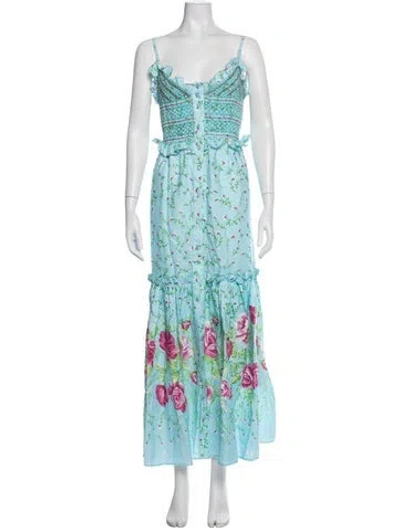 Pre-owned Loretta Caponi Linen Long Dress W/ Tags In Blue