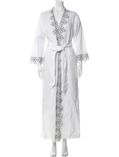 Pre-owned Loretta Caponi Linen Patterned Coat In White