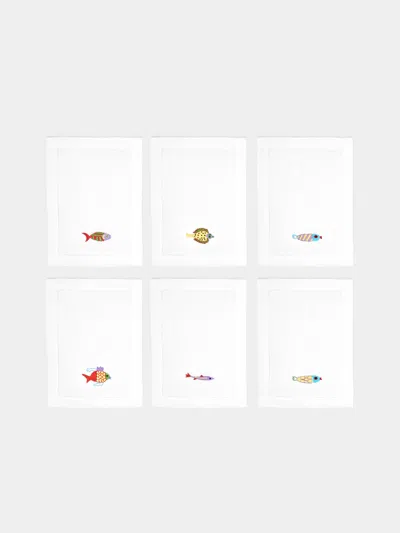 Loretta Caponi Mendini Fish Hand-embroidered Linen Cocktail Napkins (set Of 6)  Abask Gift Set In White