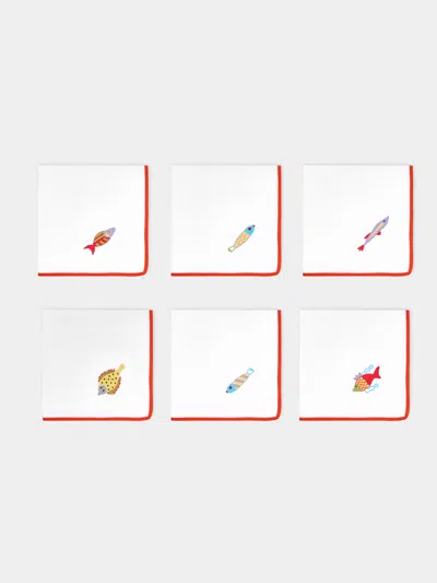 Loretta Caponi Mendini Fish Hand-embroidered Linen Napkins (set Of 6) In Multi