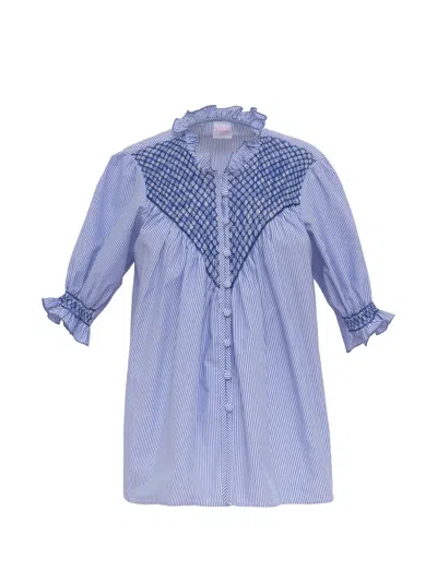 Loretta Caponi Milvia Short-sleeve Striped Cotton Blouse In Blue