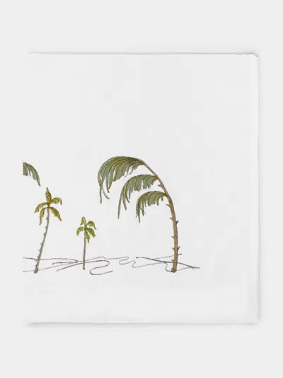 Loretta Caponi Palm Tree Hand-embroidered Cotton Bath Sheet  Abask Luxury Gift In White
