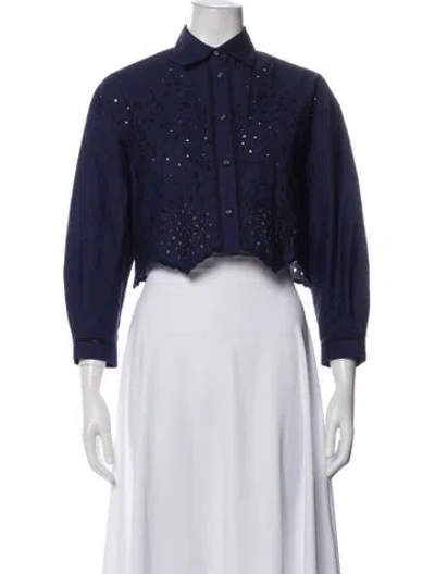 Pre-owned Loretta Caponi Patterned Long Sleeve Button-up Top W/ Tags In Blue