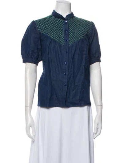 Pre-owned Loretta Caponi Patterned Short Sleeve Blouse In Blue