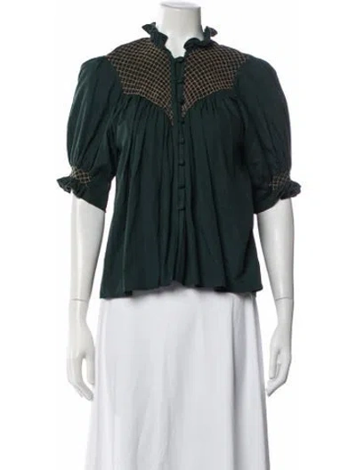 Pre-owned Loretta Caponi Patterned Short Sleeve Blouse In Green