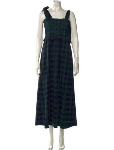 Pre-owned Loretta Caponi Plaid Print Long Dress In Green