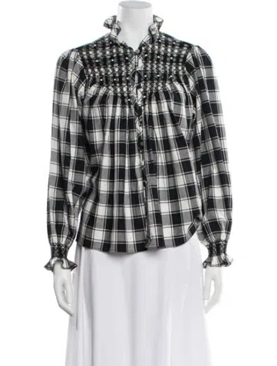 Pre-owned Loretta Caponi Plaid Print Long Sleeve Blouse In Black