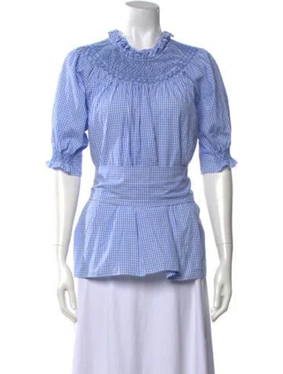 Pre-owned Loretta Caponi Plaid Print Short Sleeve Blouse In Blue