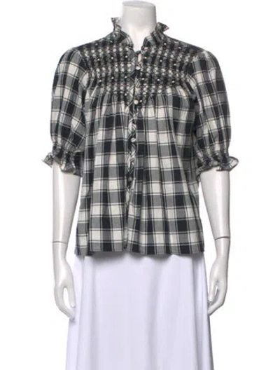 Pre-owned Loretta Caponi Plaid Print Short Sleeve Blouse In Multicolor
