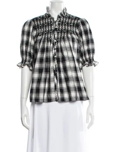 Pre-owned Loretta Caponi Plaid Print Short Sleeve Blouse W/ Tags In Multi