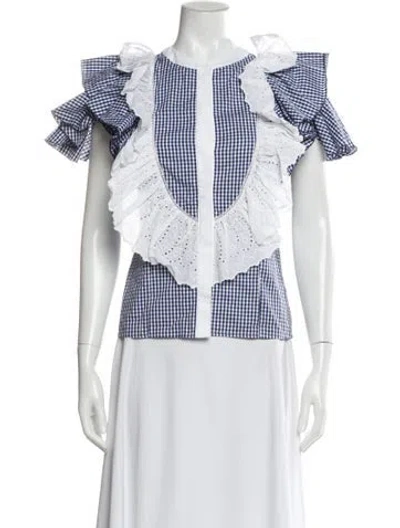 Pre-owned Loretta Caponi Plaid Print Short Sleeve Blouse In White