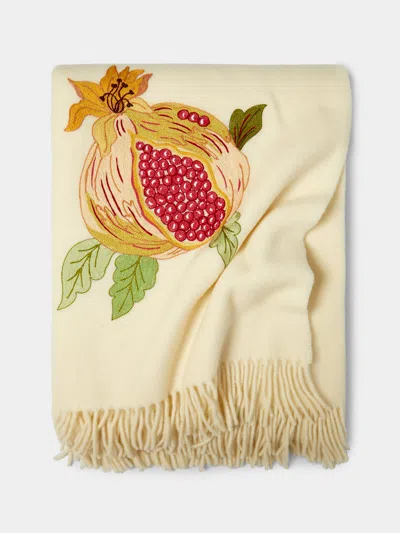 Loretta Caponi Pomegranate Hand-embroidered Wool Blanket (63in/1.6m)  Abask Luxury Gift In Neutral