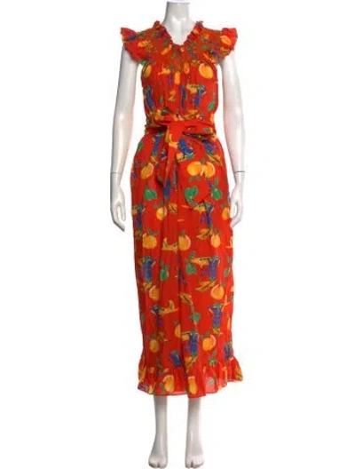 Pre-owned Loretta Caponi Printed Long Dress In Orange