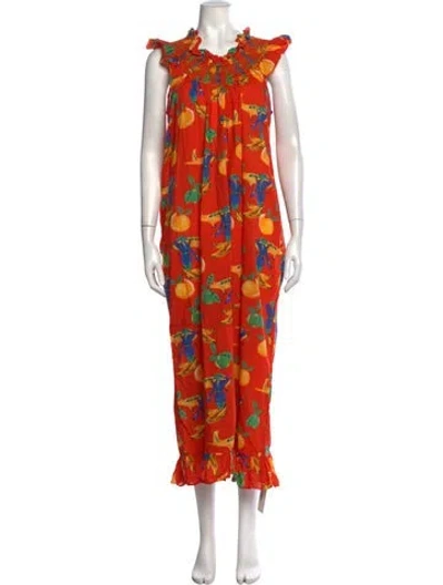 Pre-owned Loretta Caponi Printed Long Dress In Orange
