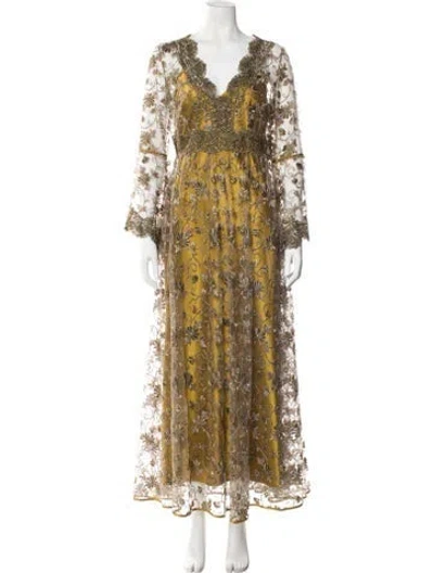 Pre-owned Loretta Caponi Printed Long Dress W/ Tags In Gold/metallic
