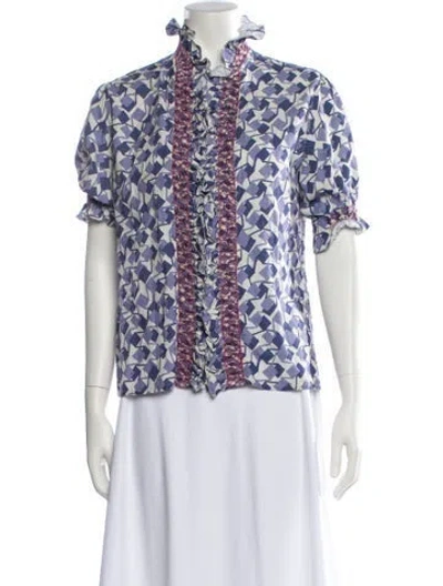 Pre-owned Loretta Caponi Printed Mock Neck Blouse In Purple